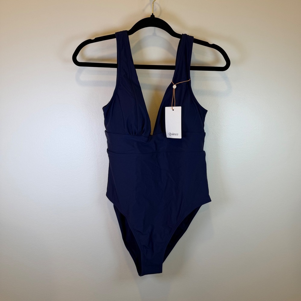 Quince Italian Plunge Ruched V-Neck One-Piece Swimsuit Navy Blue Sz L NWT Bath